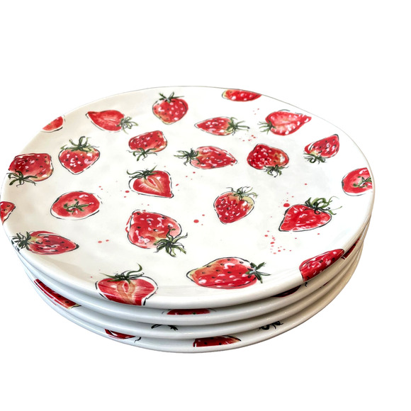 ELI + ANA Handmade Ceramics Strawberry Dinner Plates 11in Set of 4 NEW - Picture 3 of 10